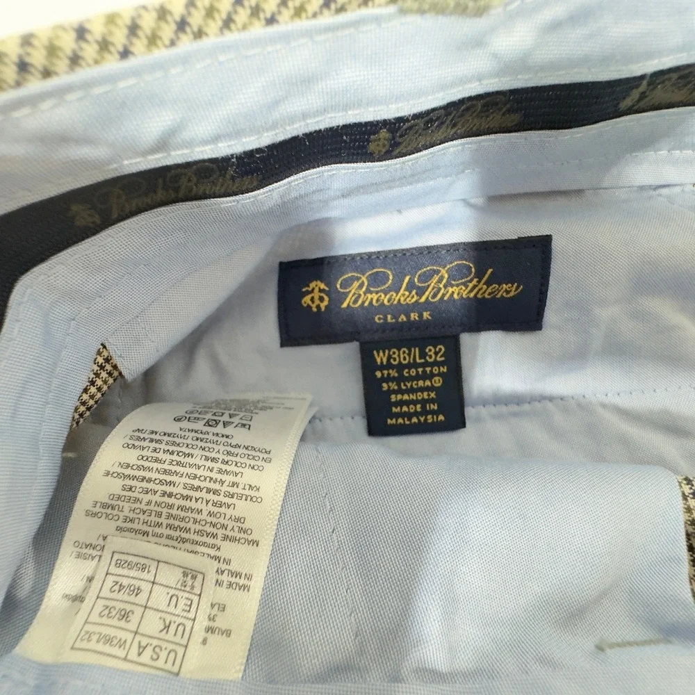 Brooks Brothers Clark Pants Mens 36x32 Beige Cotton Stretch Check‎